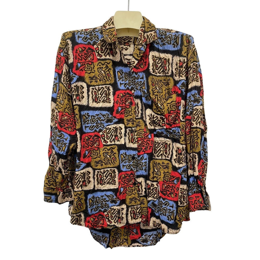 Vtg 80s 90s Cotton Express Women's Shirt Large Button‎ Geometric Streetwear